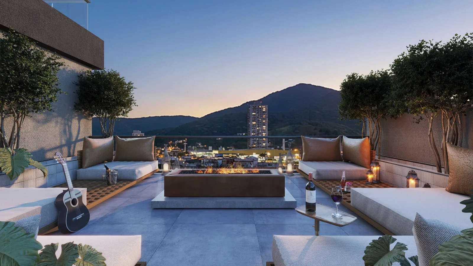 Terraço com fireplace e vista para os morros