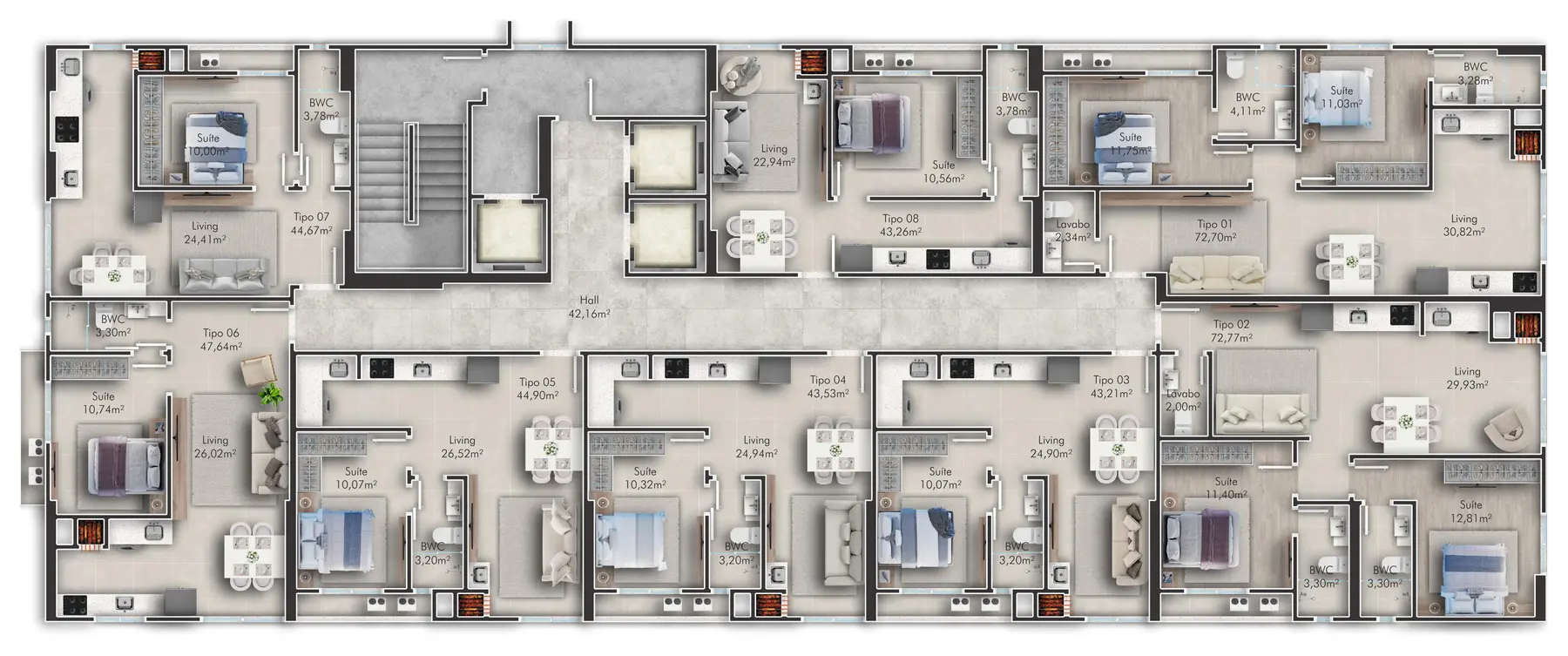 Planta do pavimento tipo com oito apartamentos